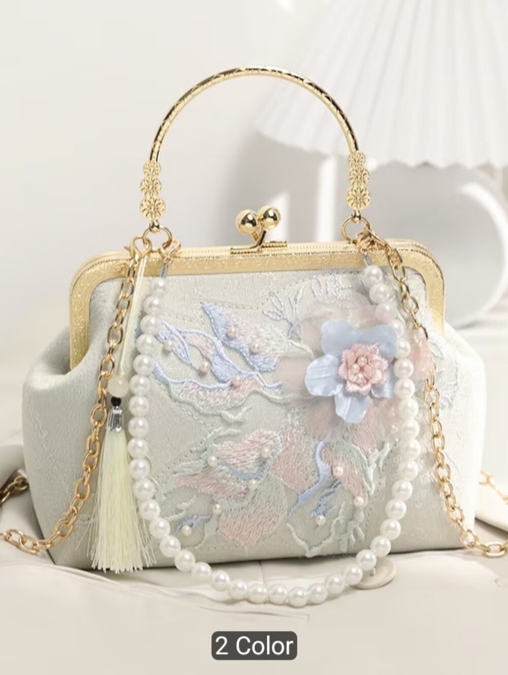 Elegant Pearl-Trim Embroidered Women’s Handbag - Light Blue